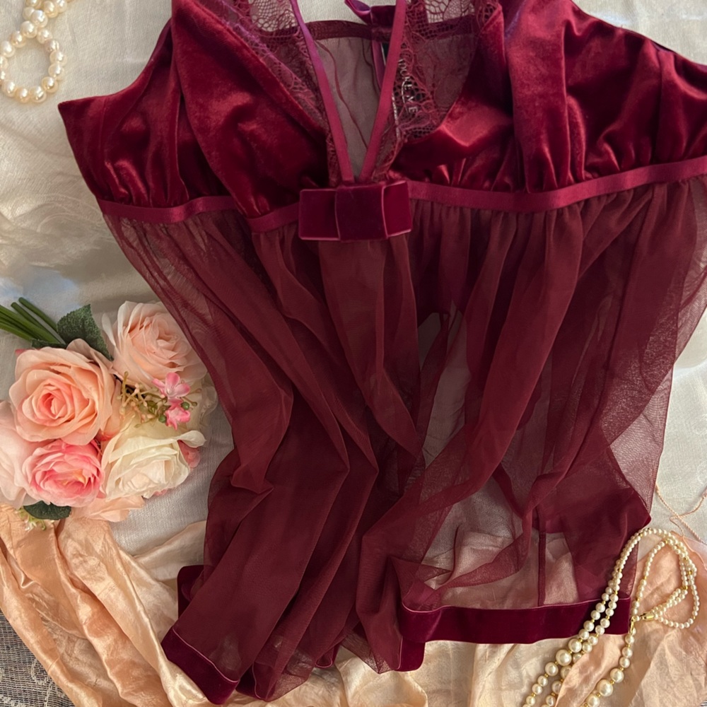 NWOT Sheer, Velvet-trimmed Babydoll